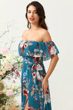 Dark Blue Floral Boho Chiffon A-Line Bridesmaid Dress with Slit