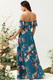 Dark Blue Floral Boho Chiffon A-Line Bridesmaid Dress with Slit