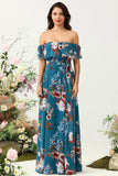 Dark Blue Floral Boho Chiffon A-Line Bridesmaid Dress with Slit