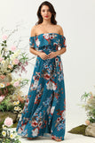 Dark Blue Floral Boho Chiffon A-Line Bridesmaid Dress with Slit