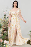 Yellow Flower A Line Off The Shoulder Chiffon Plus Size Bridesmaid Dress with Ruffles