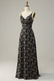 Black A Line Spaghetti Straps Floral Print Chiffon Bridesmaid Dress