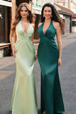 Mermaid Halter Dark Green Front Twist Maxi Bridesmaid Dress