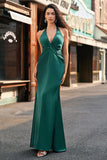 Mermaid Halter Dark Green Front Twist Maxi Bridesmaid Dress