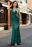 Mermaid Halter Dark Green Front Twist Maxi Bridesmaid Dress