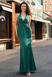 Mermaid Halter Dark Green Front Twist Maxi Bridesmaid Dress