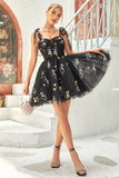 A Line Spaghetti Straps Black Short Prom Dress with Appliques