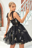 A Line Spaghetti Straps Black Short Prom Dress with Appliques