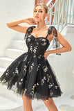 A Line Spaghetti Straps Black Short Prom Dress with Appliques