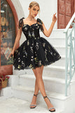 A Line Spaghetti Straps Black Short Prom Dress with Appliques