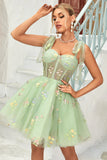 A Line Spaghetti Straps Grey Blue Short Prom Dress with Embroidery