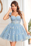 A Line Spaghetti Straps Grey Blue Short Prom Dress with Embroidery