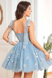 A Line Spaghetti Straps Grey Blue Short Prom Dress with Embroidery