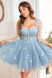 A Line Spaghetti Straps Grey Blue Short Prom Dress with Embroidery