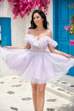 Cute A Line Lavender Off the Shoulder Corset Prom Dress with Ruffles