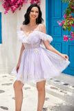 Cute A Line Lavender Off the Shoulder Corset Prom Dress with Ruffles