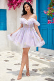 Cute A Line Lavender Off the Shoulder Corset Prom Dress with Ruffles