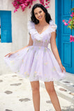 Cute A Line Lavender Off the Shoulder Corset Prom Dress with Ruffles