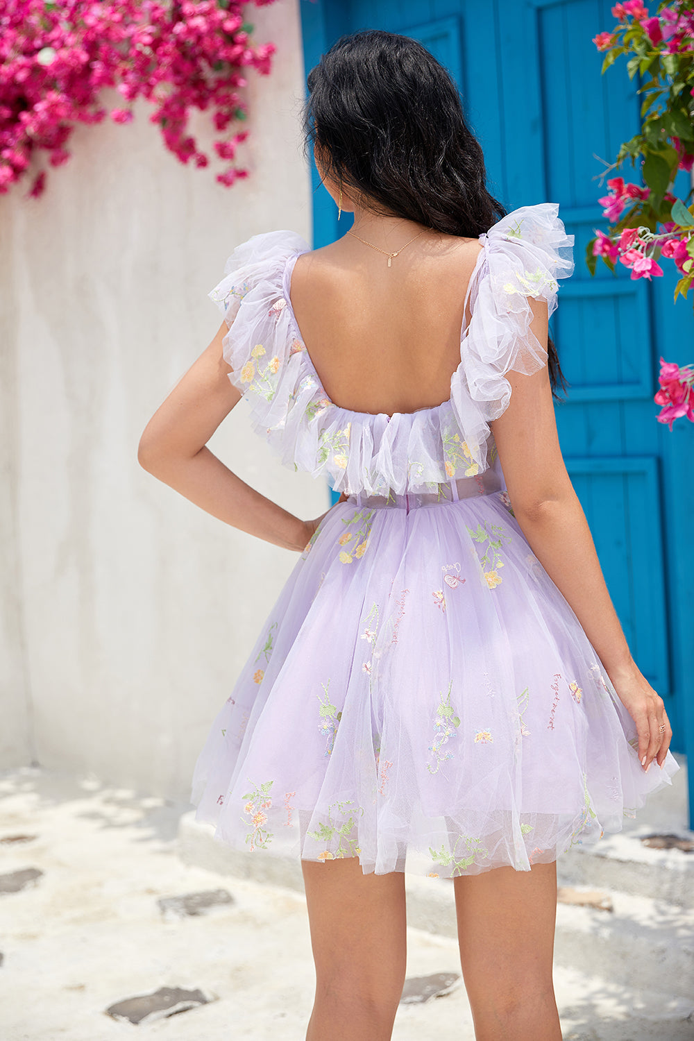 Leely Women Lavender Princess Prom Dress with Ruffles Corset Backless A Line Short Party Dress with Embroidery leelyuk