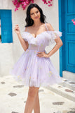 Cute A Line Lavender Off the Shoulder Corset Prom Dress with Ruffles