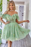 Off the Shoulder Ruffles Tulle Prom Dress with Embroidery