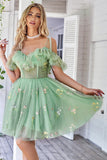 Off the Shoulder Ruffles Tulle Prom Dress with Embroidery