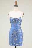 Sparkly Sheath Spaghetti Straps Grey Blue Sequins Short Prom Dress with Criss Cross Back