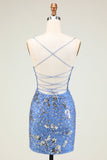 Sparkly Sheath Spaghetti Straps Grey Blue Sequins Short Prom Dress with Criss Cross Back