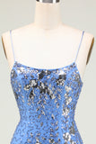 Sparkly Sheath Spaghetti Straps Grey Blue Sequins Short Prom Dress with Criss Cross Back