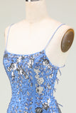 Sparkly Sheath Spaghetti Straps Grey Blue Sequins Short Prom Dress with Criss Cross Back