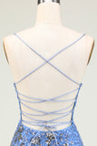 Sparkly Sheath Spaghetti Straps Grey Blue Sequins Short Prom Dress with Criss Cross Back