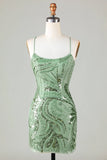 Sparkly Sheath Spaghetti Straps Green Short Prom Dress with Criss Cross Back