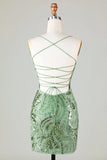 Sparkly Sheath Spaghetti Straps Green Short Prom Dress with Criss Cross Back