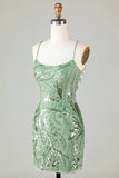 Sparkly Sheath Spaghetti Straps Green Short Prom Dress with Criss Cross Back