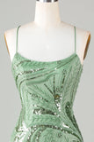 Sparkly Sheath Spaghetti Straps Green Short Prom Dress with Criss Cross Back