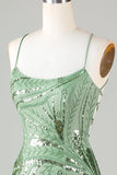 Sparkly Sheath Spaghetti Straps Green Short Prom Dress with Criss Cross Back