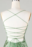 Sparkly Sheath Spaghetti Straps Green Short Prom Dress with Criss Cross Back