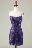 Sparkly Sheath Spaghetti Straps Dark Purple Short Prom Dress with Criss Cross Back