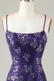 Sparkly Sheath Spaghetti Straps Dark Purple Short Prom Dress with Criss Cross Back