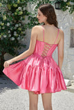 Stylish A-Line Spaghetti Straps Fuchsia Short Prom Dress with Bowknot