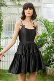 A-Line Spaghetti Straps Black Short Prom Dress