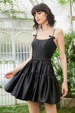 A-Line Spaghetti Straps Black Short Prom Dress