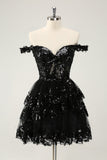 Sparkly Black A Line Off The Shoulder Corset Tiered Lace Short Prom Dress