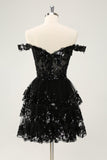 Sparkly Black A Line Off The Shoulder Corset Tiered Lace Short Prom Dress