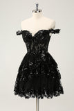 Sparkly Black A Line Off The Shoulder Corset Tiered Lace Short Prom Dress