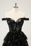 Sparkly Black A Line Off The Shoulder Corset Tiered Lace Short Prom Dress