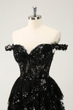 Sparkly Black A Line Off The Shoulder Corset Tiered Lace Short Prom Dress