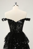 Sparkly Black A Line Off The Shoulder Corset Tiered Lace Short Prom Dress