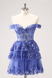 Dark Blue Off the Shoulder Tiered Sequins Short Prom Dress