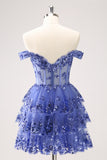 Dark Blue Off the Shoulder Tiered Sequins Short Prom Dress